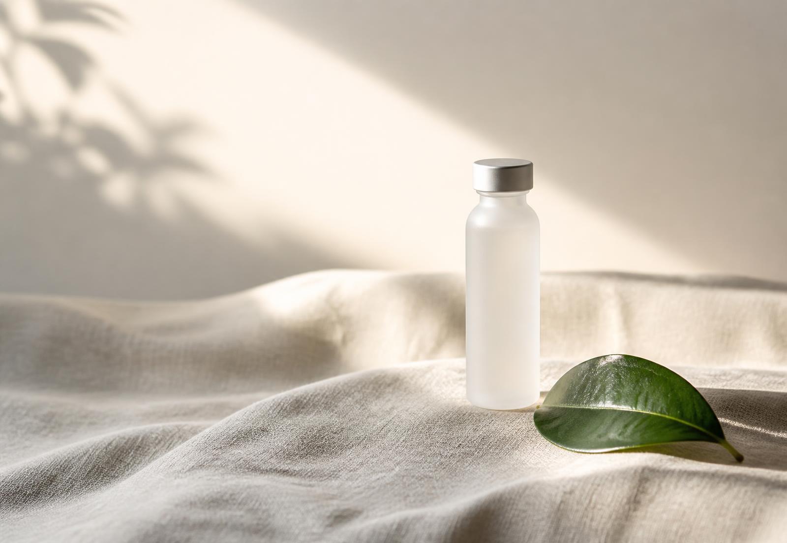 Rise and Recover peptide bottle resting on warm linen in morning light